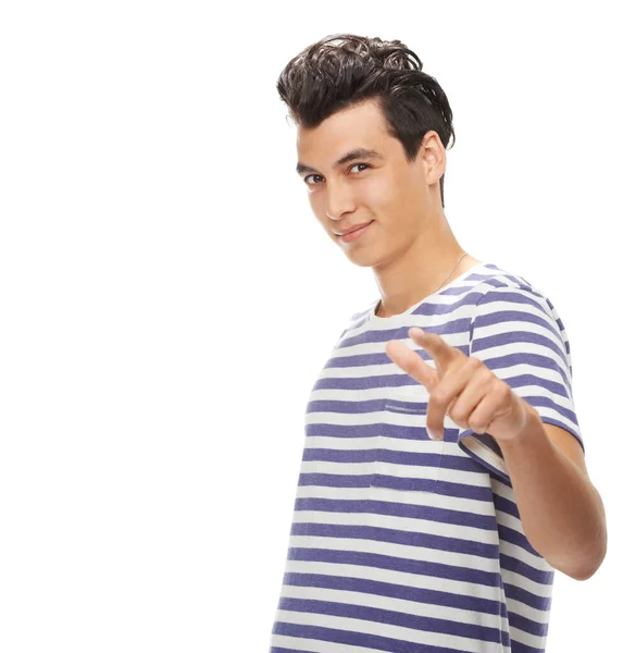 Casually Handsome Cropped Portrait Handsome Young Man Pointing Isolated White — Stok fotoğraf