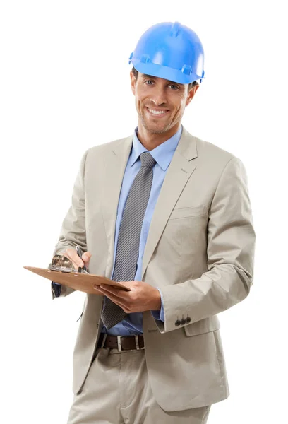 Inspection Looks Great Studio Portrait Handsome Young Engineer Isolated White — Stock Photo, Image