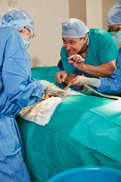 用一点点的压力压住它 在外科手术过程中给同事建议的外科医生 — 图库照片