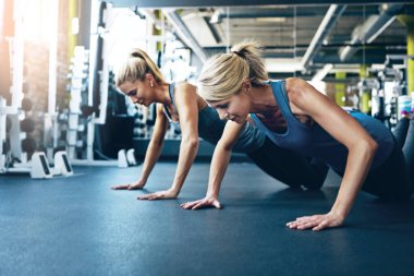 Todays preparation determines tomorrows achievement. two women doing push-ups at the gym clipart