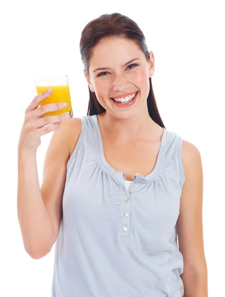 Jugo Naranja Retrato Feliz Mujer Estudio Con Vaso Bebida Para —  Fotos de Stock