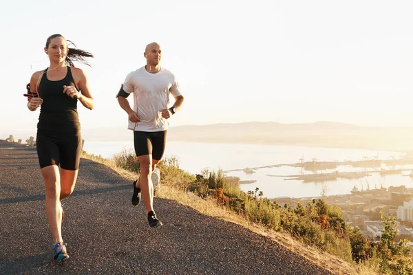 Morning Fitness Couple Running Exercise Workout Health Wellness Together Sunrise — Stock Photo, Image
