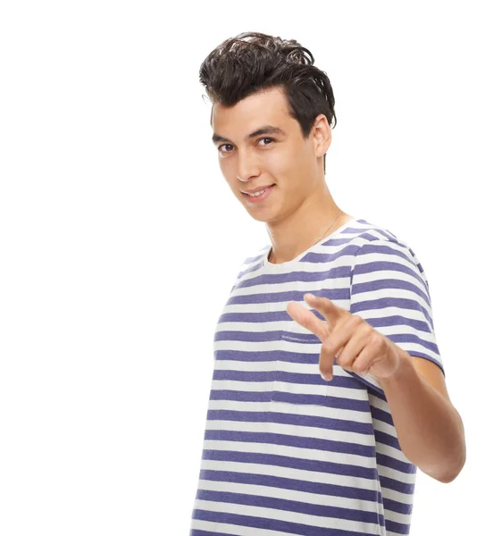 Casually Handsome Cropped Portrait Handsome Young Man Pointing Isolated White — Foto Stock