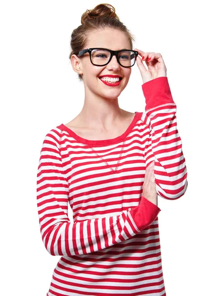 Promienna Czerwieni Bieli Studio Portret Atrakcyjnej Młodej Kobiety Okularach Odizolowanej — Zdjęcie stockowe