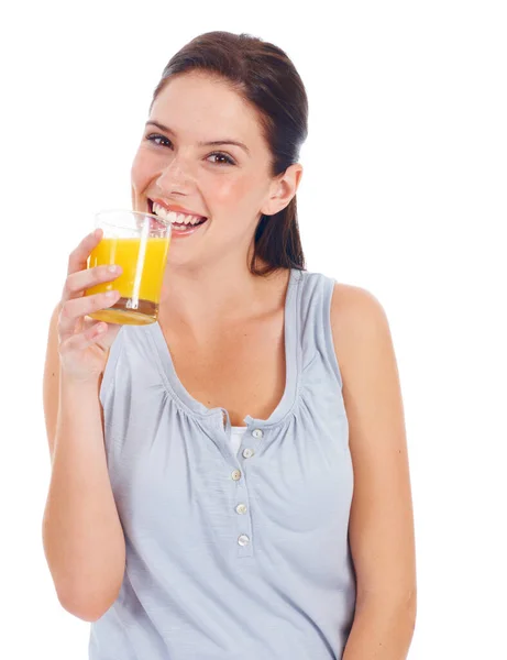 Jugo Naranja Retrato Estudio Mujer Feliz Con Vaso Bebida Para —  Fotos de Stock
