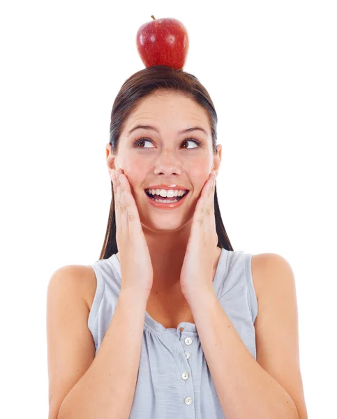 Hoofd Balans Gezicht Gelukkige Vrouw Met Appel Fruit Product Gewicht — Stockfoto