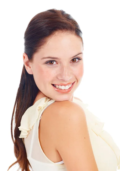 Sorria Retrato Feliz Jovem Modelo Feminino Menina Estúdio Com Imagem — Fotografia de Stock