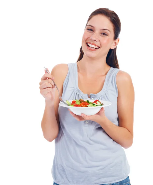 ウェルネスライフスタイルの減量の食事療法 ビーガンヘルスケアや野菜のためのサラダ付きの幸せな肖像画 スタジオや女性 白い背景に隔離された食品ボウル 栄養士 健康モデルを食べる — ストック写真