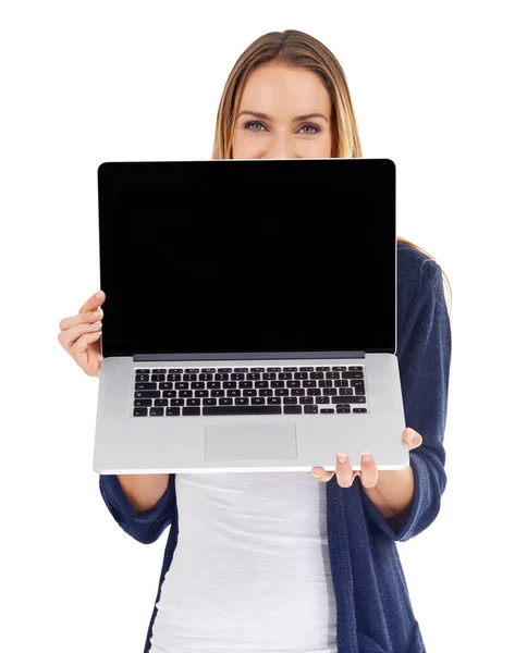 Laptop Scherm Mockup Vrouw Portret Geïsoleerd Een Witte Achtergrond Voor — Stockfoto