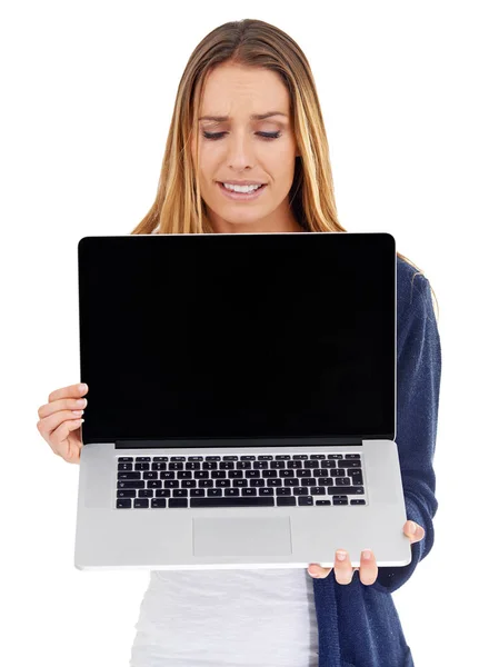 Laptop Scherm Mockup Vrouw Verward Geïsoleerd Een Witte Achtergrond Voor — Stockfoto