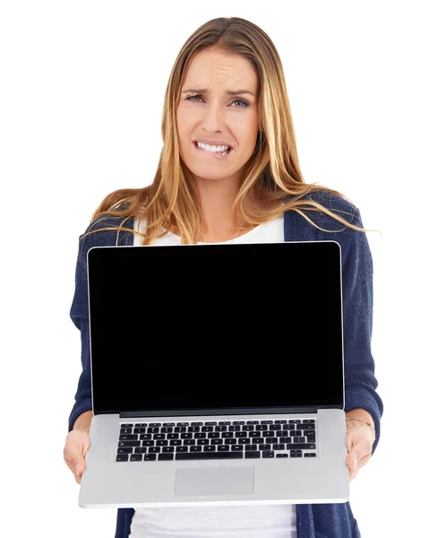 Tela Computador Estresse Retrato Mulher Isolado Fundo Branco Escolha Site — Fotografia de Stock