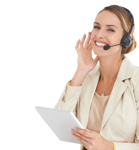Call Center Tablet Smile Portrait Woman Studio Communication Contact Customer — Stock Photo, Image