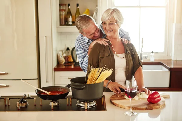 Affection Happy Old Couple Kitchen Cooking Healthy Food Lunch Dinner — Stock Photo, Image