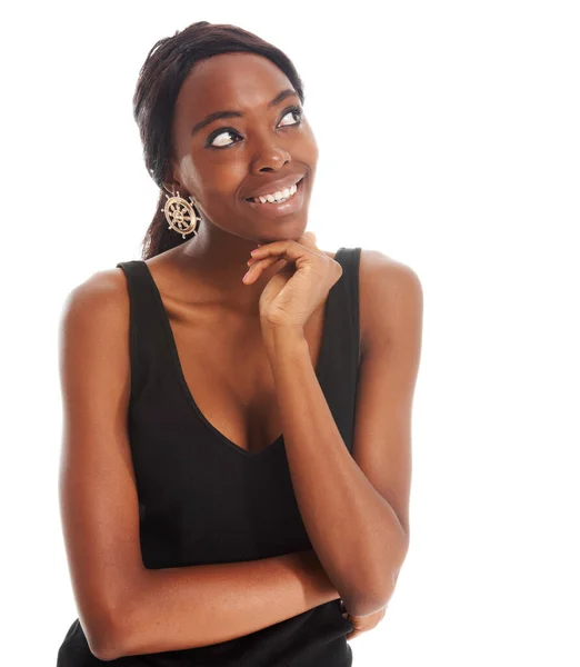 Isolated Thinking Smile Black Woman Studio Idea Vision Positive Person — Stock Photo, Image