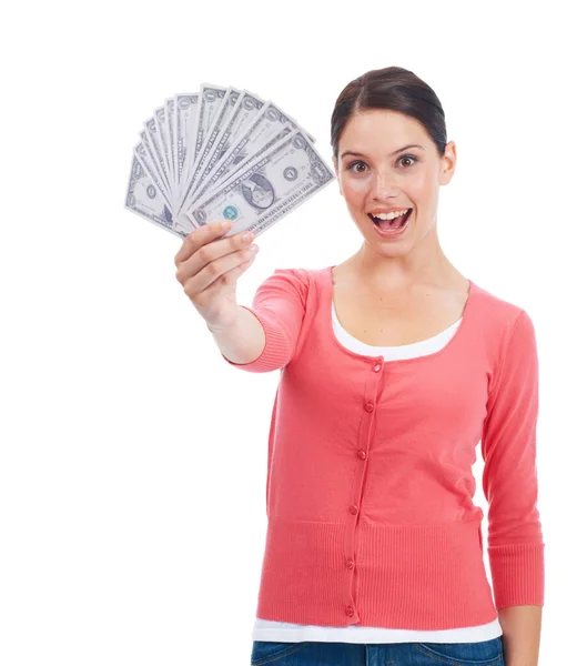 Wow Money Winner Portrait Woman Investment Success Growth Cash Dollar — Stock Photo, Image
