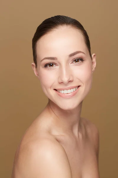 Portrait Mockup Woman Cosmetics Makeup Wellness Brown Studio Background Face Stock Image