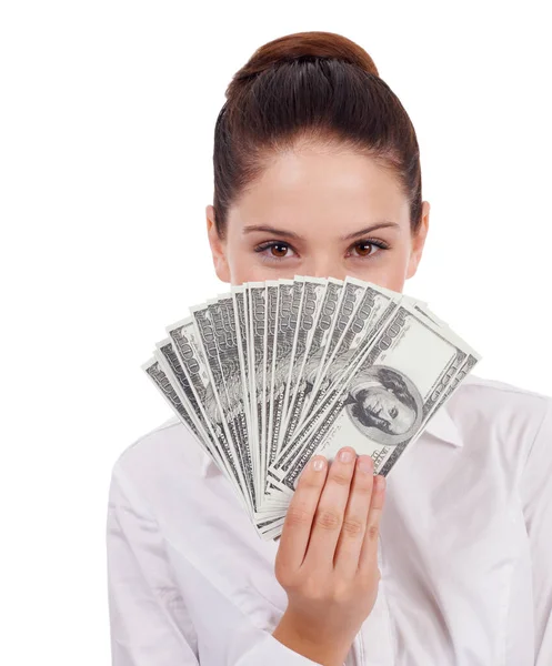 Retrato Facial Dinero Mujer Oculta Con Premio Lotería Sorteo Billetes —  Fotos de Stock