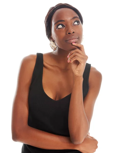 Isolated Thinking Confused Black Woman Studio Doubt Decision Contemplating Modern — Stock Photo, Image