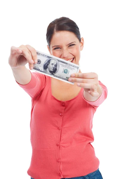 Finanzas Dinero Emocionado Con Retrato Mujer Para Inversión Éxito Crecimiento — Foto de Stock