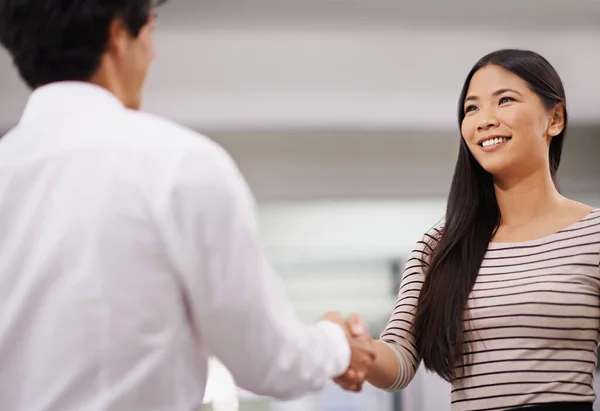 Consider Yourself Hired Two Business Professionals Shaking Hands Office Setting — Stock Photo, Image