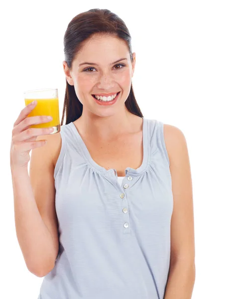 Jugo Naranja Retrato Estudio Mujer Con Vaso Bebida Para Hidratación —  Fotos de Stock