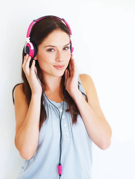 Music Headphones Smile Happy Woman Listening Fun Girl Song Wellness — Stock Photo, Image