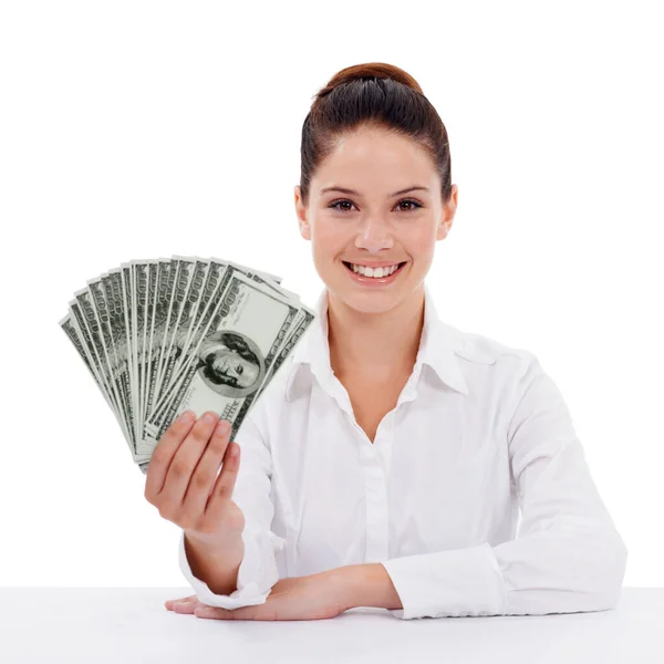 Business Woman Cash Fan Studio Portrait Investment Winning Achievement White — Stock Photo, Image