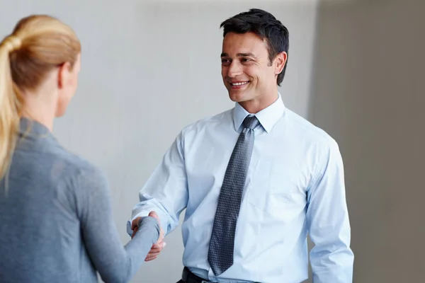 Nice Meet You Young Businessman Shaking Hands Female Coworker — Stock Photo, Image