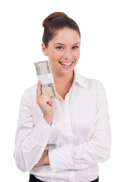 Portrét Dolary Šťastná Žena Penězi Tržbami Podnikání Nebo Hotovostními Účty — Stock fotografie
