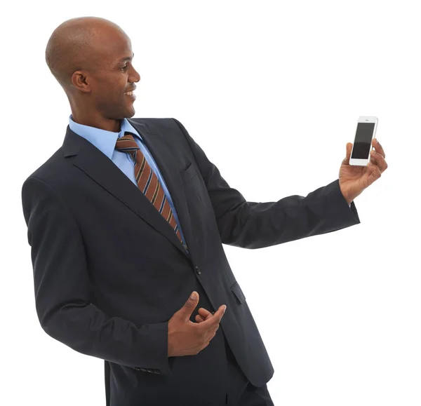 Staying Touch African American Businessman Holding Cellphone White Backgroujnd — Stock Photo, Image