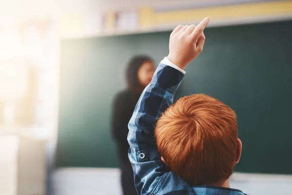 Mão Aluno Criança Sala Aula Com Pergunta Para Professor Educação — Fotografia de Stock