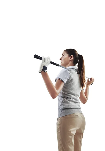 Fitness Golf Kobieta Sportowiec Studio Kontemplując Sprzętem Klubu Stalowego Gry — Zdjęcie stockowe