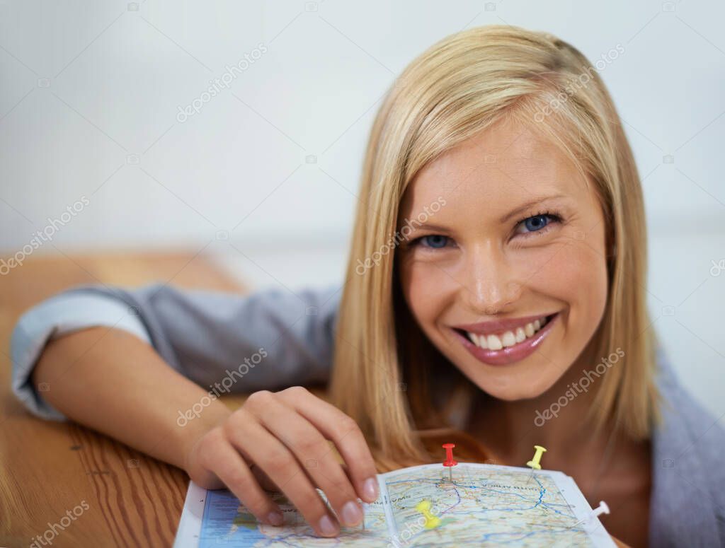 Travel agent, map pin and portrait of happy woman planning sightseeing destination, holiday location or world tour adventure. Tourism agency, service and face of person smile for transport route plan.