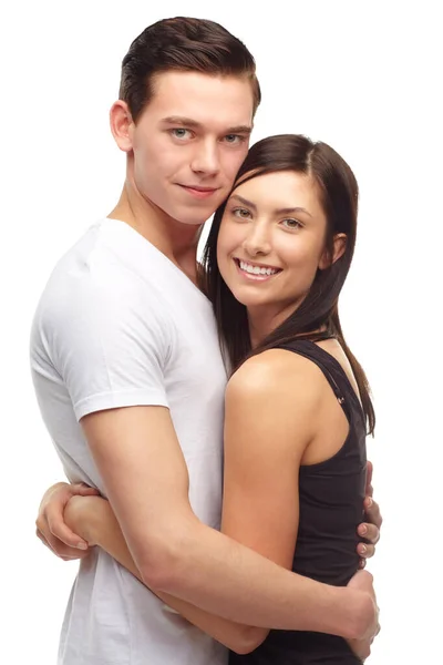 永远不要放手 一对快乐而深情的年轻夫妇被白色隔离的剪下来的肖像 — 图库照片