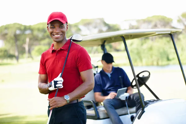 Bra Dag Ute Green Porträtt Ung Man Golfbana Med Sin — Stockfoto