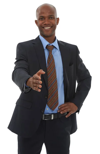 Prazer Conhecê Homem Étnico Terno Negócios Com Mão Para Aperto — Fotografia de Stock