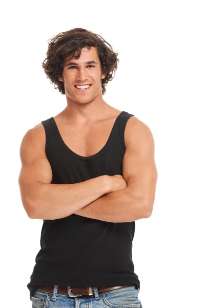 Fashion Happy Portrait Man White Background Confidence Crossed Arms Muscles — Stock Photo, Image