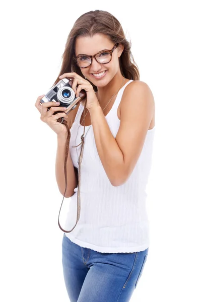 Doskonałość Fotograficzna Młoda Kobieta Trzymająca Kamerę Białym Tle — Zdjęcie stockowe