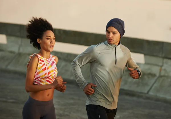 Keep Each Other Running Two Friends Jogging Road Early Morning — Stock Photo, Image