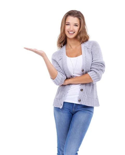 Apoyar Producto Con Una Sonrisa Una Joven Feliz Sosteniendo Palma — Foto de Stock