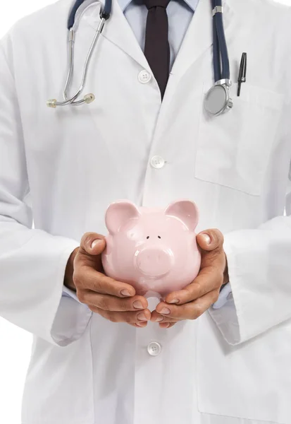 Zainwestuj Dziś Swoją Opiekę Zdrowotną Wizerunek Lekarza Trzymającego Porcelanową Świnkę — Zdjęcie stockowe