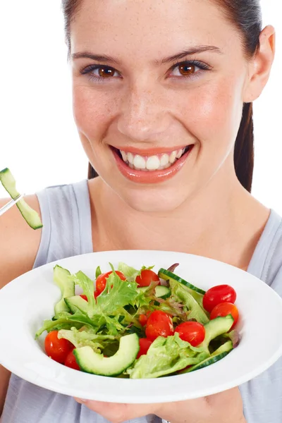 Happy Woman Studio Face Portrait Salát Weight Loss Diet Vegan — Stock fotografie