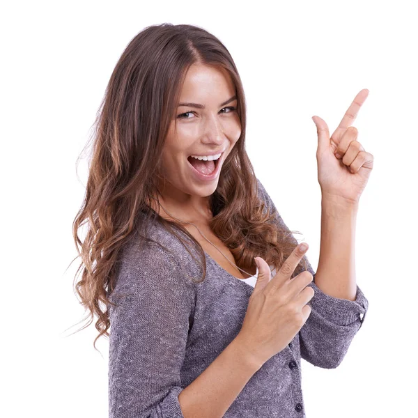 Selling Your Product Enthusiastically Young Woman Pointing Copyspace — Stock Photo, Image