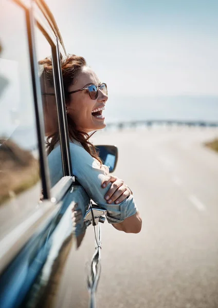 Happy Freedom Road Trip Woman Car Looking View Window While — Stock Photo, Image