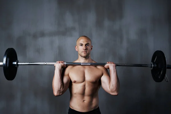 Fitness Homem Retrato Levantamento Peso Com Barra Para Musculação Exercício — Fotografia de Stock