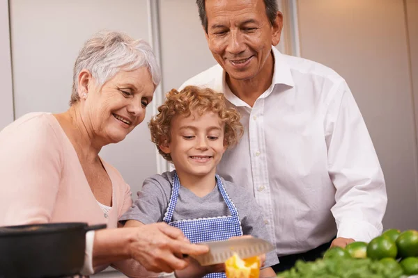 Smile Happy Boy Grandparents Teaching Cooking Skills Healthy Dinner Vegetables — Stock Photo, Image