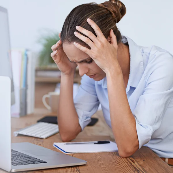 Headache Stress Confused Woman Office Anxiety Tax Crisis Laptop Problem Stock Image