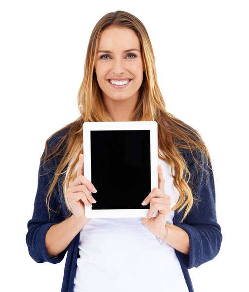 Woman portrait, tablet and mockup on screen isolated on a white background for website advertising and space. Happy person, model or digital user on online technology, application and promo in studio.