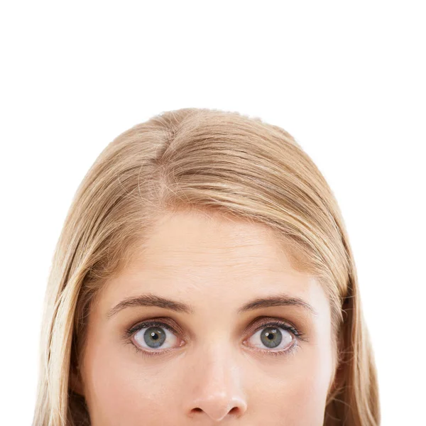 Wide Eyed Wonder Cropped Studio Shot Young Blonde Woman Isolated — Stock Photo, Image