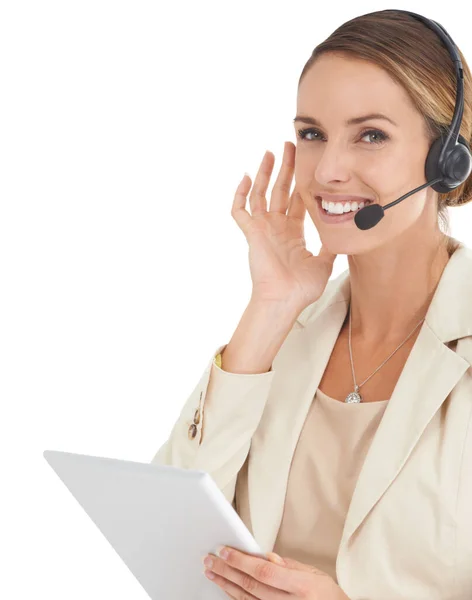 Call Center Tablet Portrait Woman Studio Communication Contact Customer Service — Stock Photo, Image
